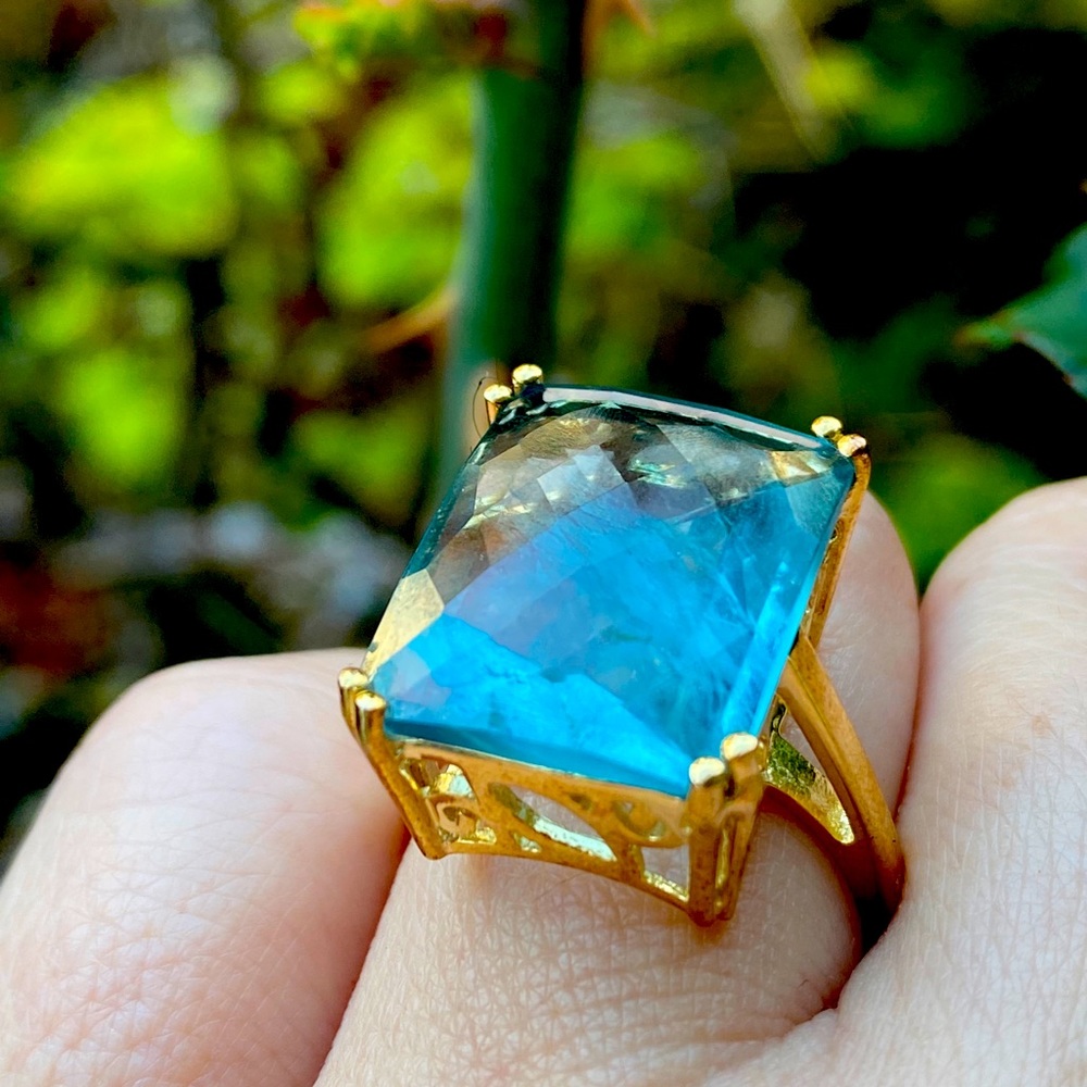 Emerald Cut Fluorite Gold Plated Ring - Picture 1 of 16
